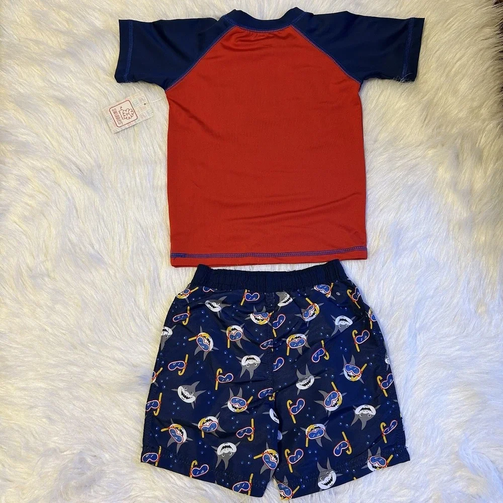 Swiggles Swimsuit Toddler Boys Size 2T Red Blue‎ Shark Two Piece Set Rashguard
